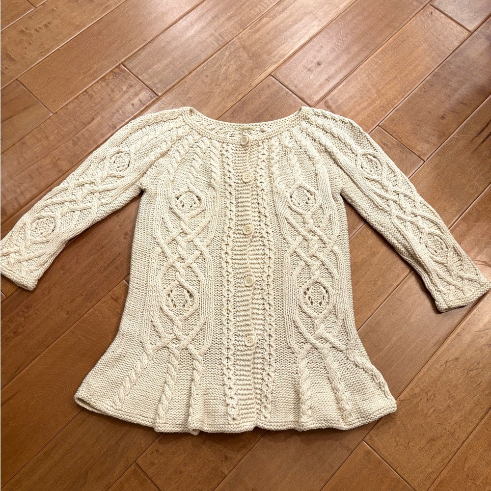 Max Studio Women’s Cream Cable-knit 3/4 Sleeve Cotton Peplum Cardigan Size Small